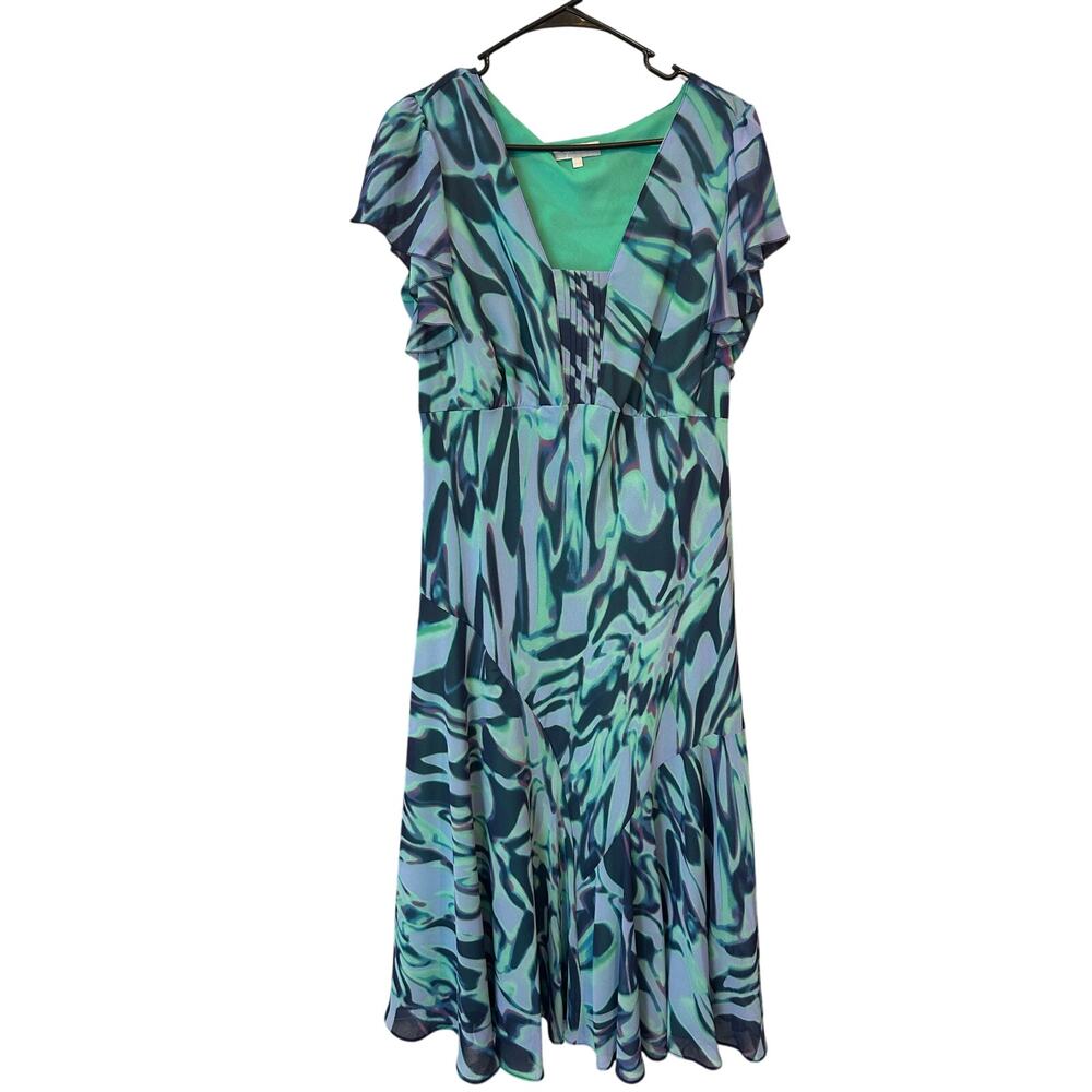 Per Una blue purple watercolor midi flowy dress women's size 18 long